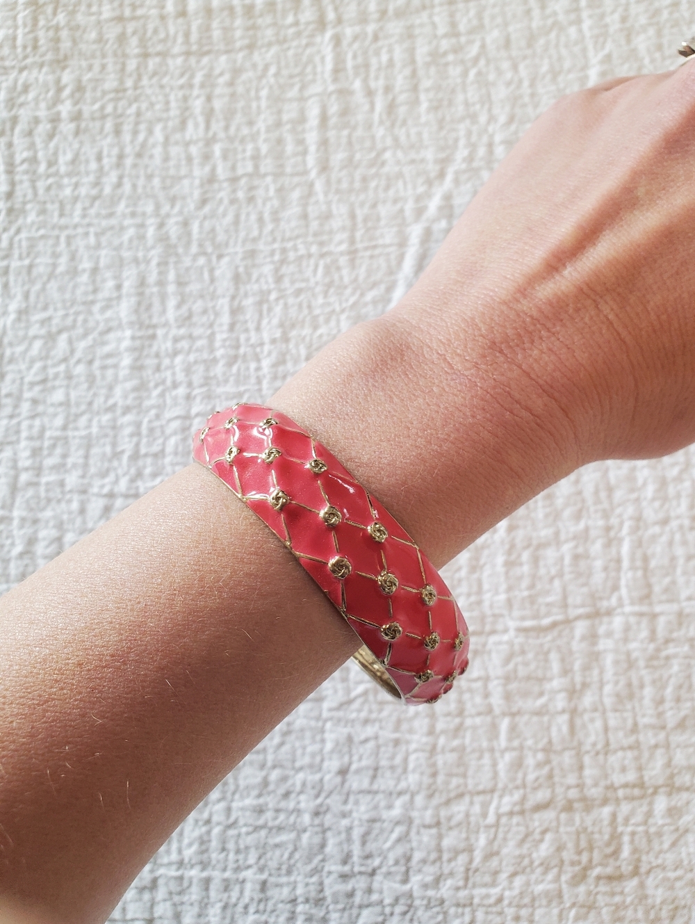 Pink Coral Enamel Bangle Bracelet With Silver Toned Design